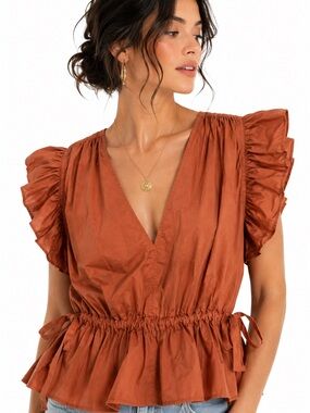 Ulla Johnson Iyla Top Clay Cotton Peplum Ruffle Sleeve V Neck Size 4